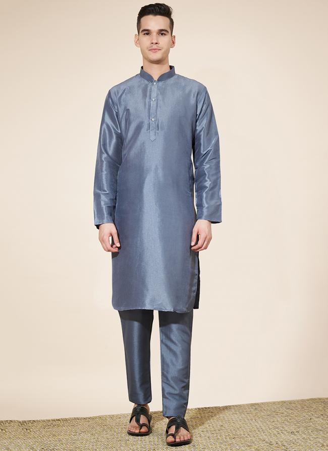 Pure Silk Grey Traditional Wear Plain Readymade Kurta Pajama